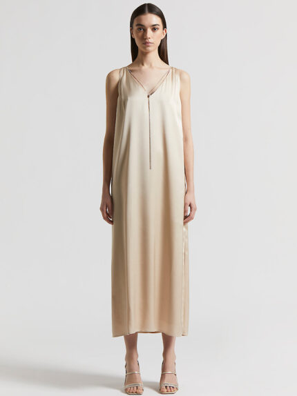 Peserico - Viscose satin midi dress with jewel - Amber Beige