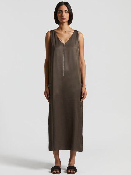 Peserico - Viscose satin midi dress with jewel - Ebony