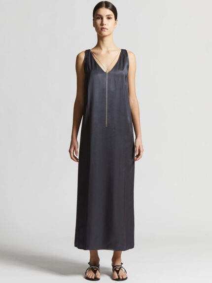 Peserico - Viscose satin midi dress with jewel - Space blue