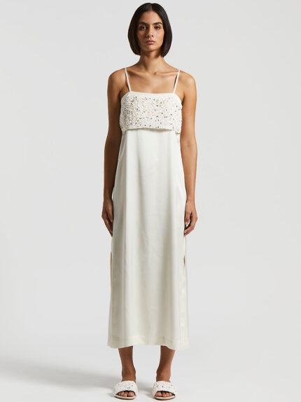 Peserico - Viscose satin midi dress with embroidery - Almond white