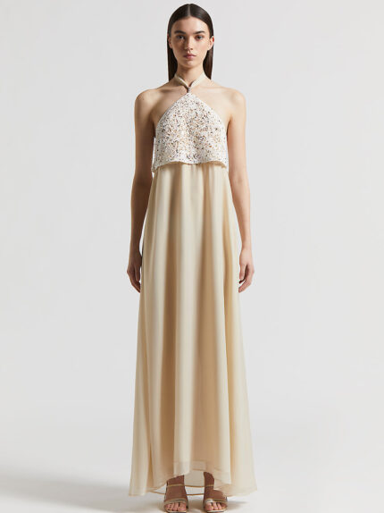 Peserico - Laminated chiffon long dress - Almond white