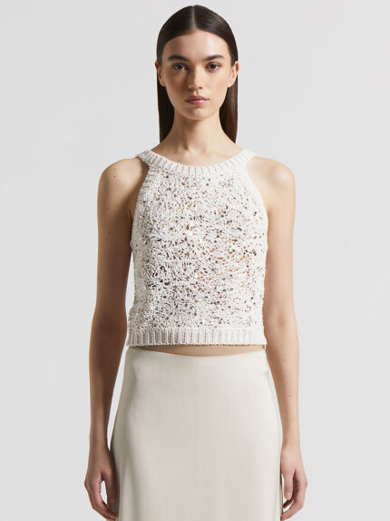Peserico - Tricot crop top with maxi sequins - Almond white