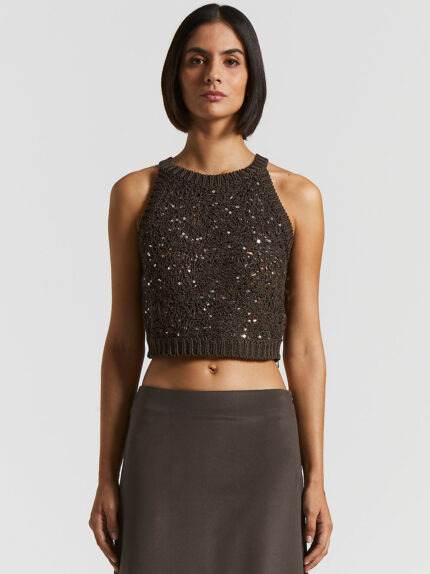 Peserico - Tricot crop top with maxi sequins - Ebony