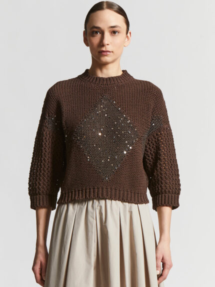 Peserico - Cotton cordonnet jacquard sweater with sequins - Ebony