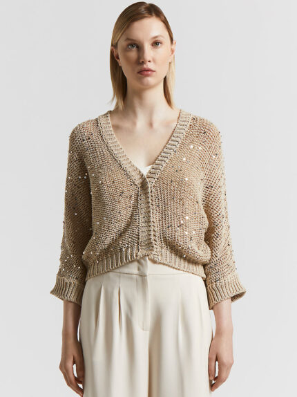 Peserico - Cotton ribbon cardigan with maxi sequins - Amber Beige