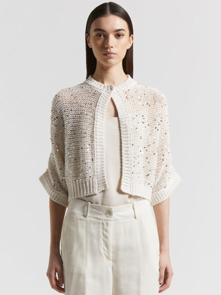 Peserico - Cotton ribbon cardigan with maxi sequins - Almond white