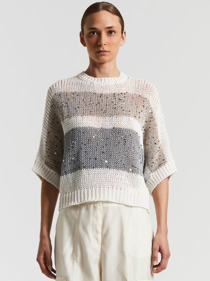 Peserico - Cotton ribbon striped sweater with sequins - Quartz sand