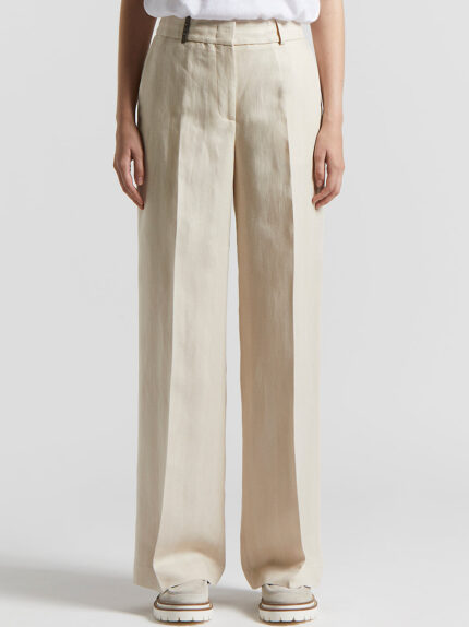 Peserico - Herringbone trousers in yarn-dyed viscose and linen - Amber beige