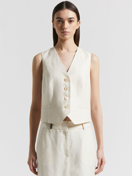 Peserico - Plain-coloured pure linen gabardine waistcoat - Quartz sand