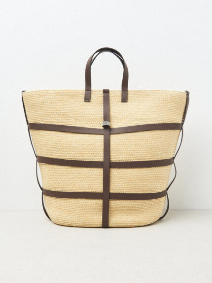 Peserico - Shopper in paper braid and leather - Quartz sand