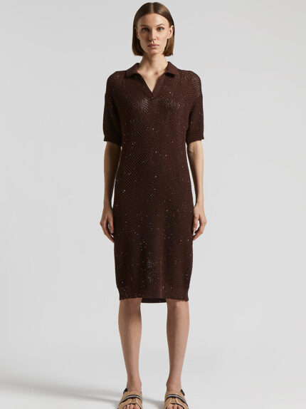 Peserico - Bi-material tricot dress with sequins - Tobacco