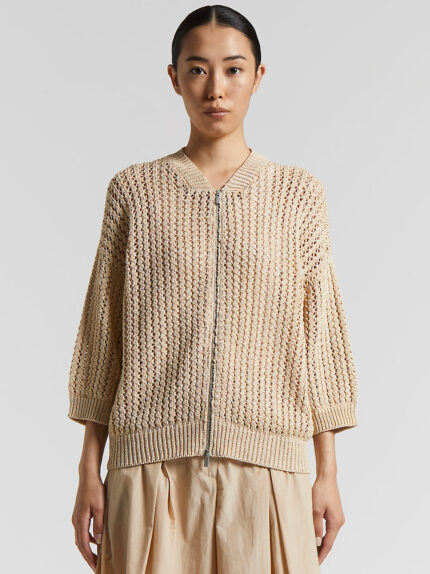 Peserico - Pure cotton cordonnet bomber jacket with sequins - Amber beige