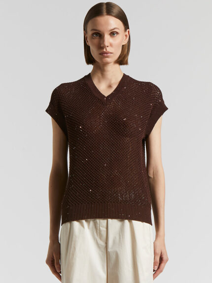 Peserico - Pure cotton cordonnet waistcoat with sequins - Tobacco