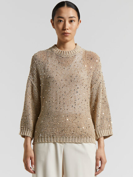 Peserico - Cotton ribbon sweater with sequins - Amber beige